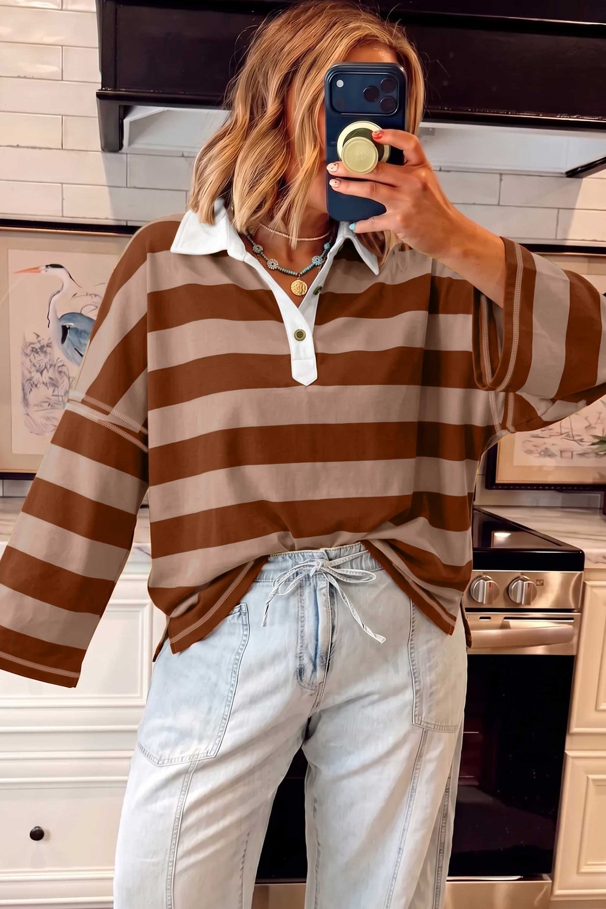Blue Stripe Contrast Polo Collar Bracelet Sleeve Top