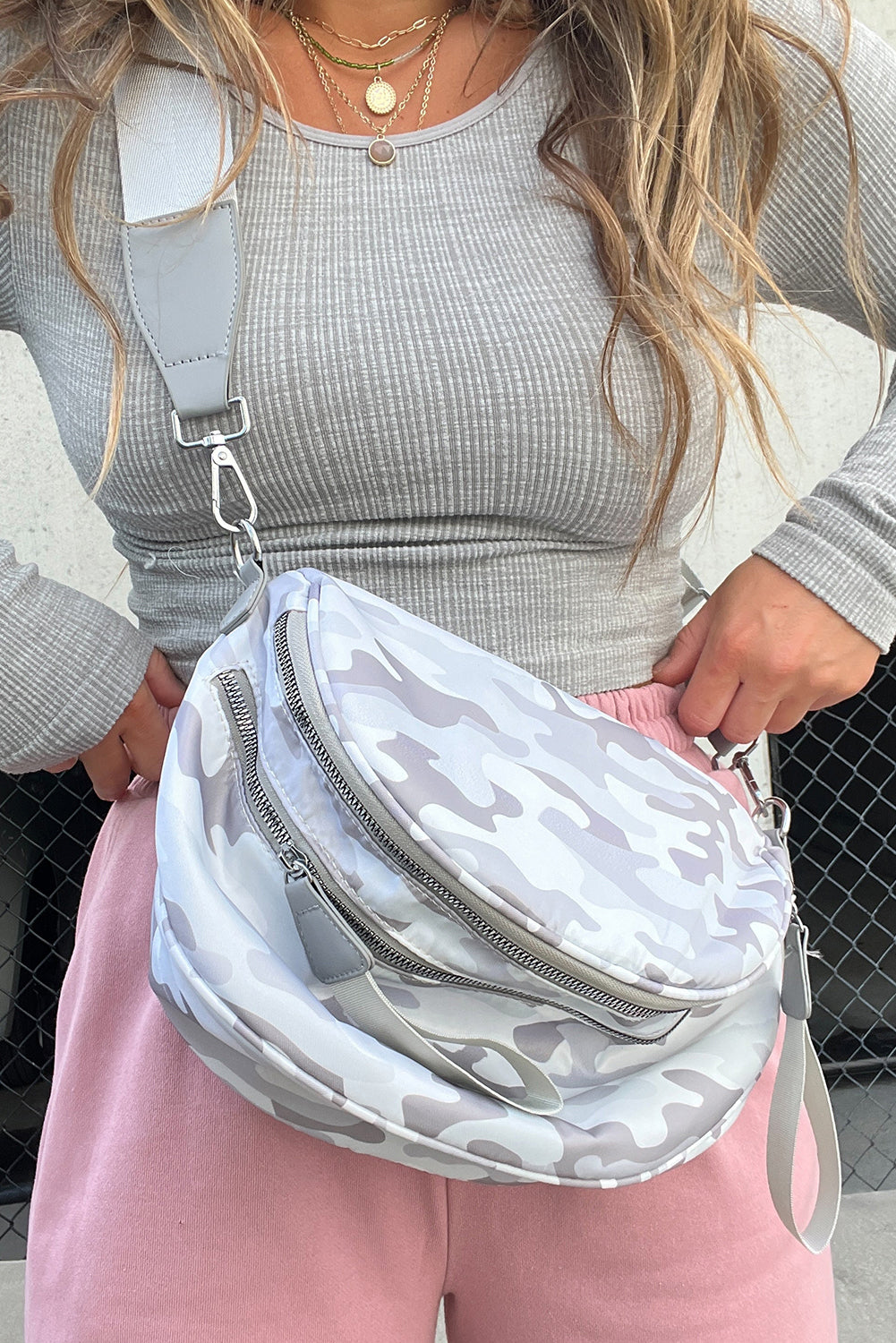 Medium Grey Abstract Print Double Zip Fashion Crossbody Bag
