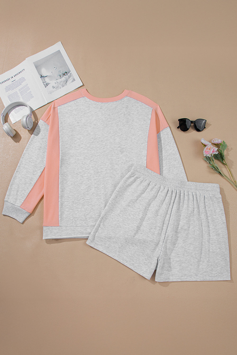 Light Grey Uneven Hem Color-Block Pullover Casual Shorts Plus Size 2pcs Outfit
