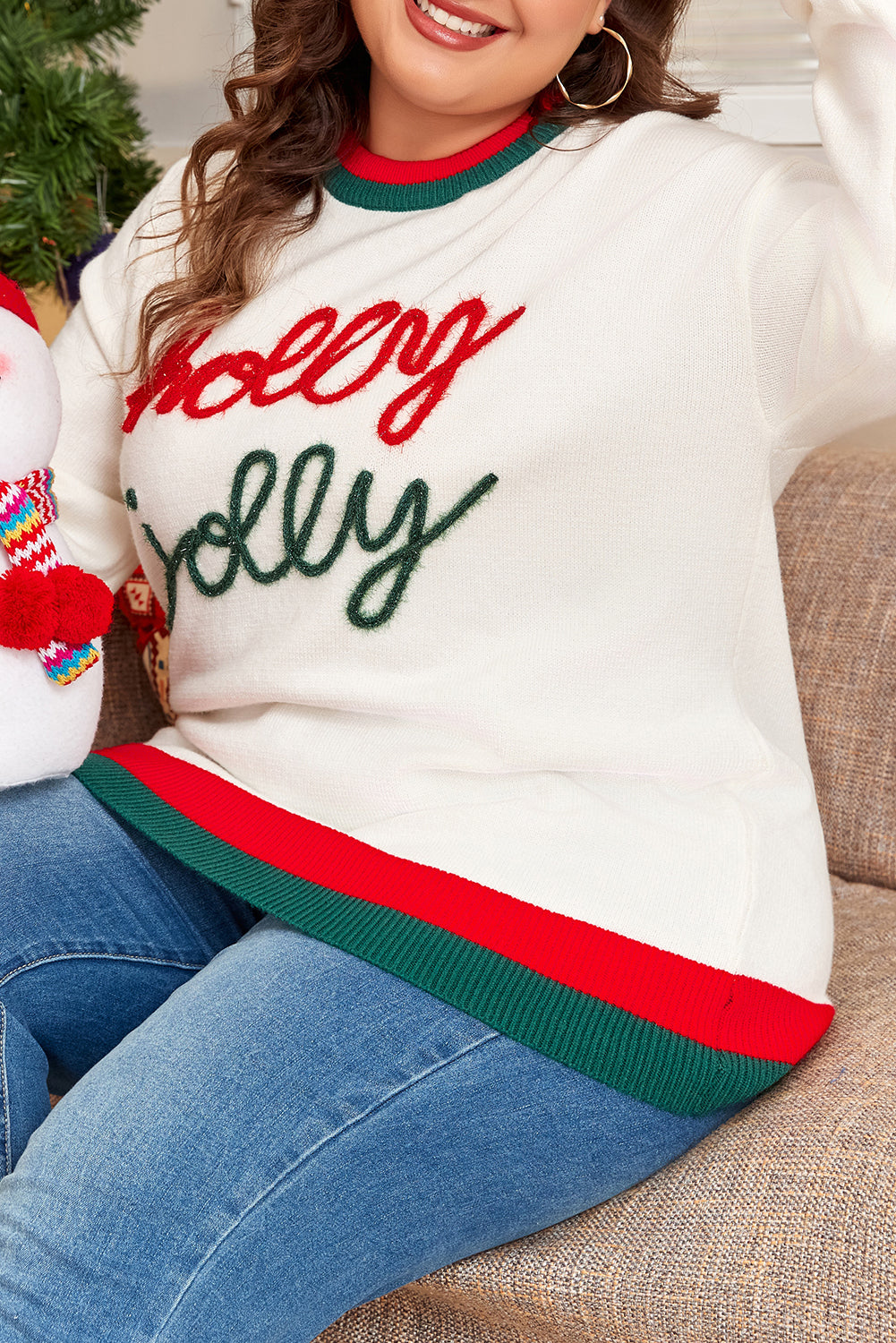 White Tinsel holly jolly Pattern Color-Block Edge Drop-Shoulder Plus Size Sweater
