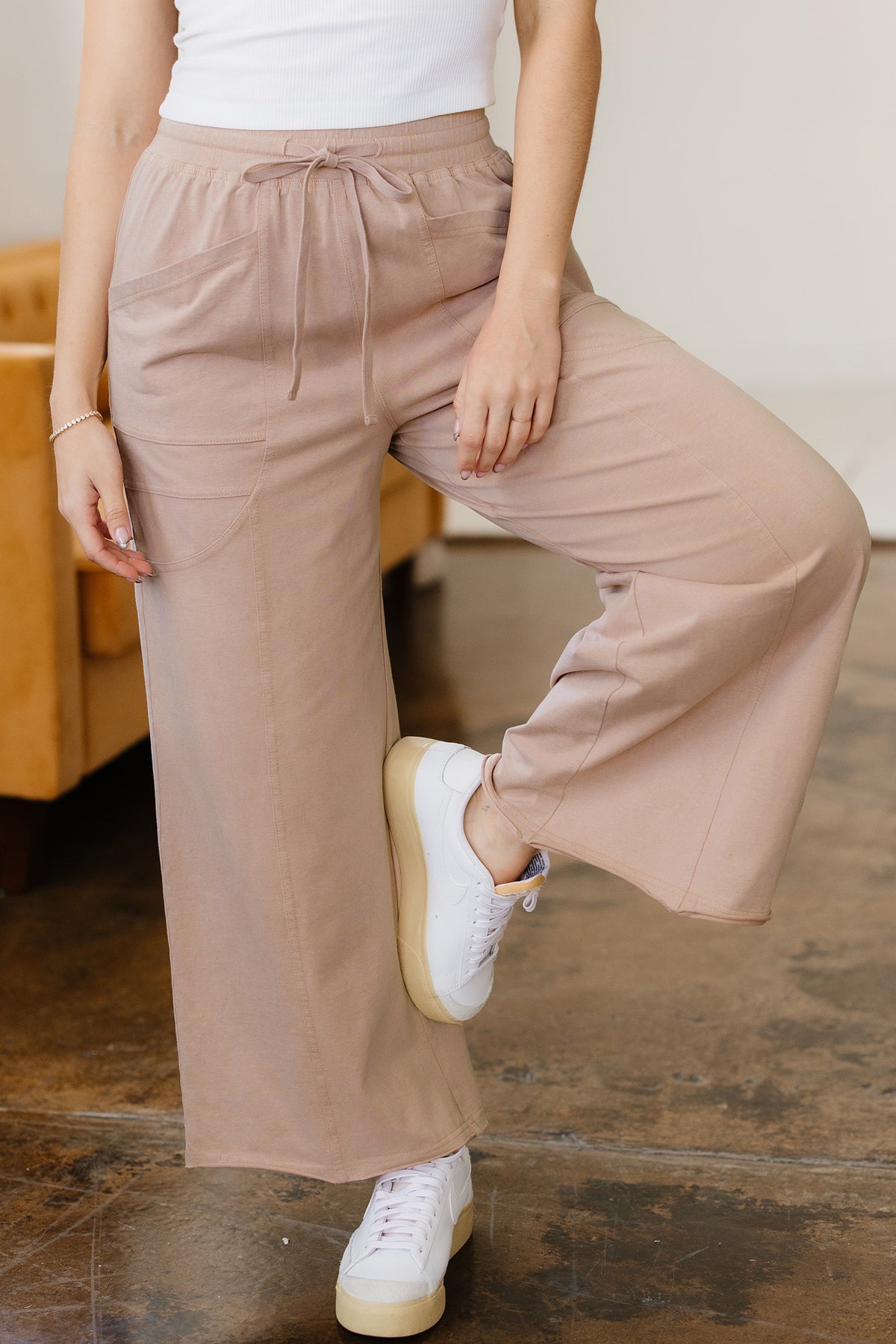 Smoke Gray Solid Mineral Wash Piping Trim Pocketed Wide Leg Pants