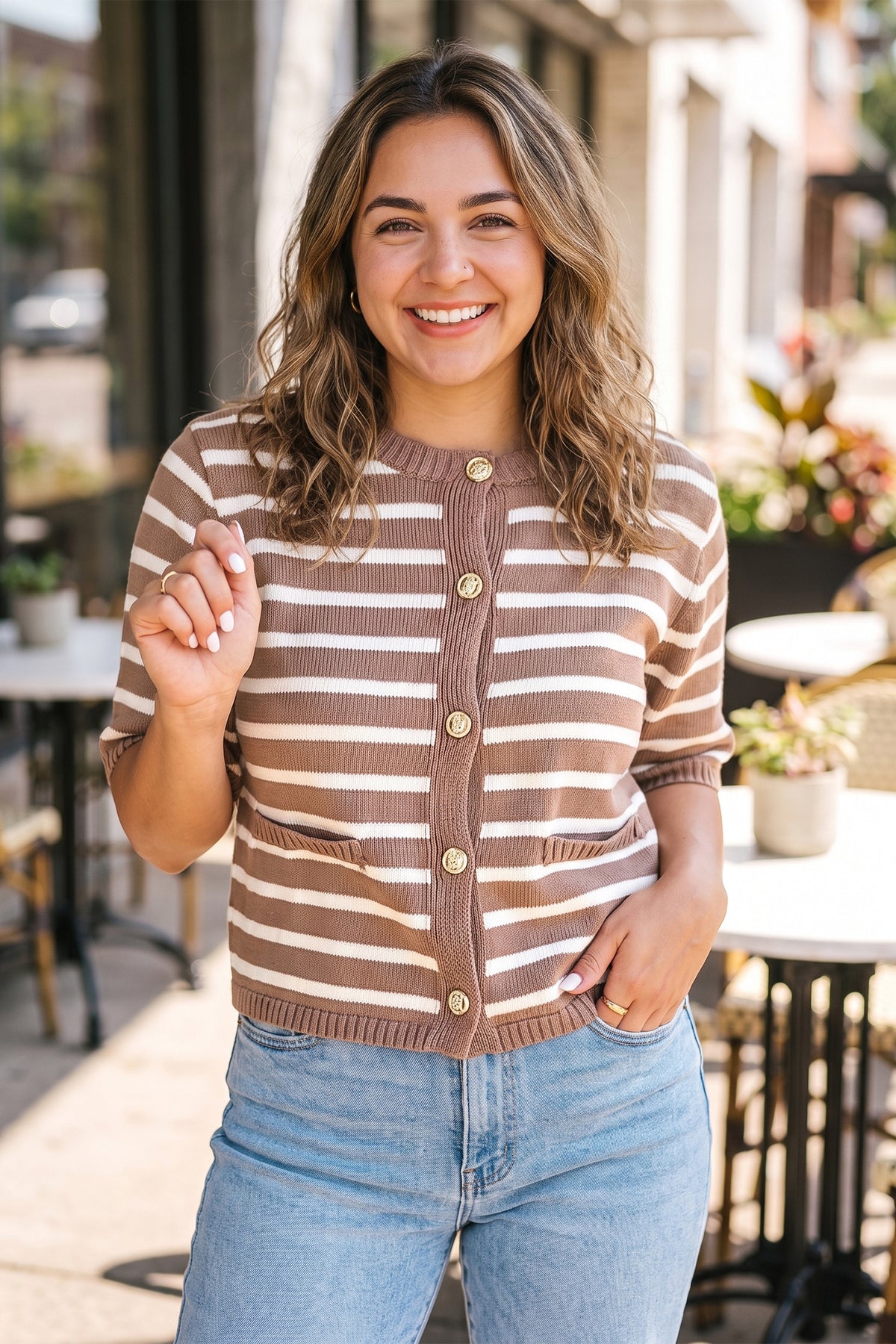 Khaki Stripe Button Down Short-Sleeve Knit Plus Size Cardigan