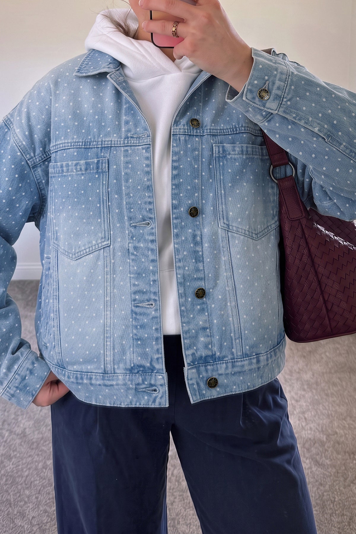 Sky Blue Polka Dot Long Sleeve Collar Pocket Denim Jacket