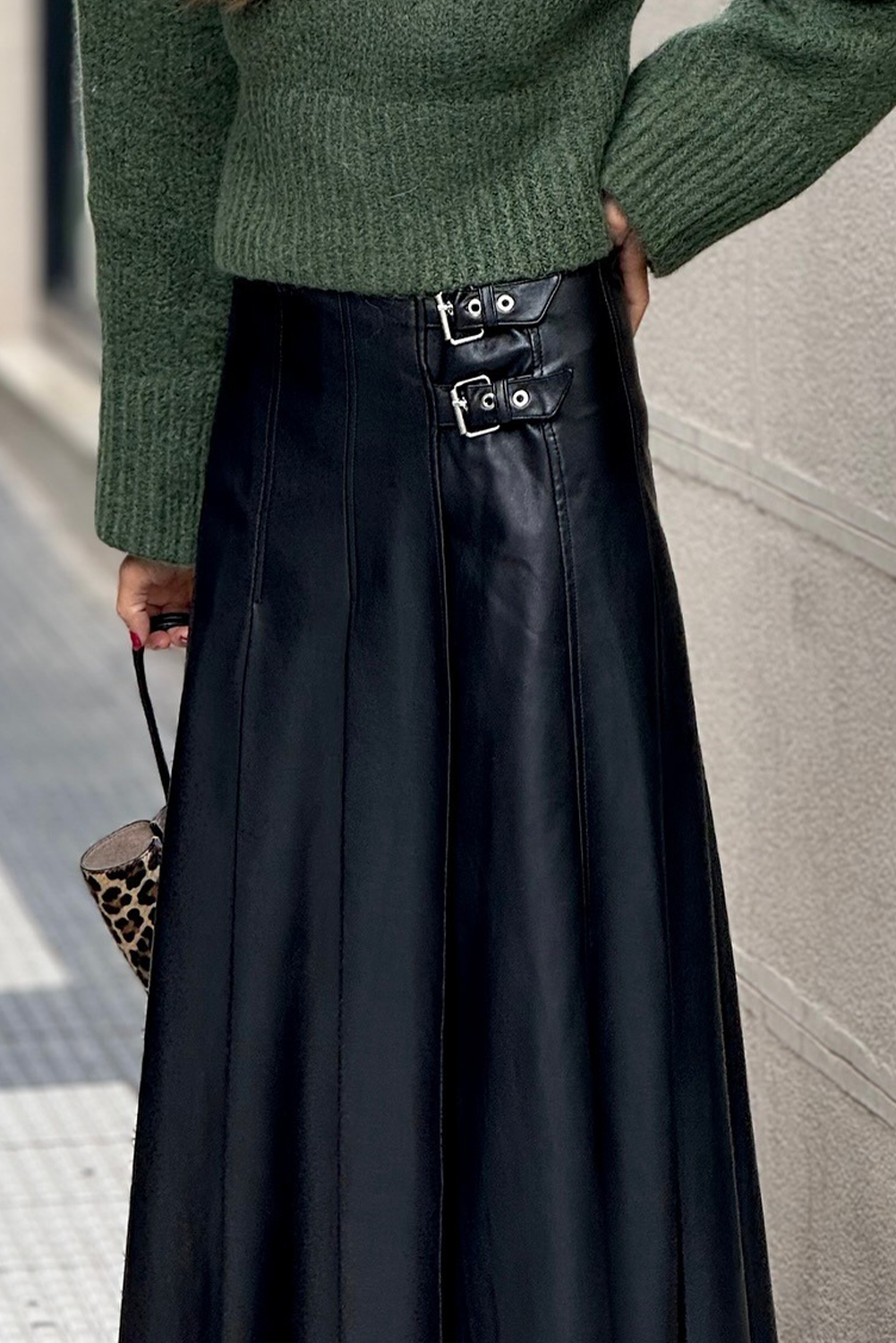 Black Faux Leather Retro Buckle Pleated Stitch Flared Midi Skirt