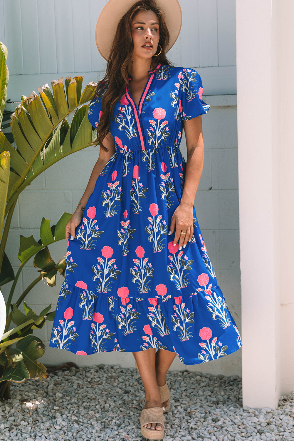 White Floral V-Neck Maxi Dress