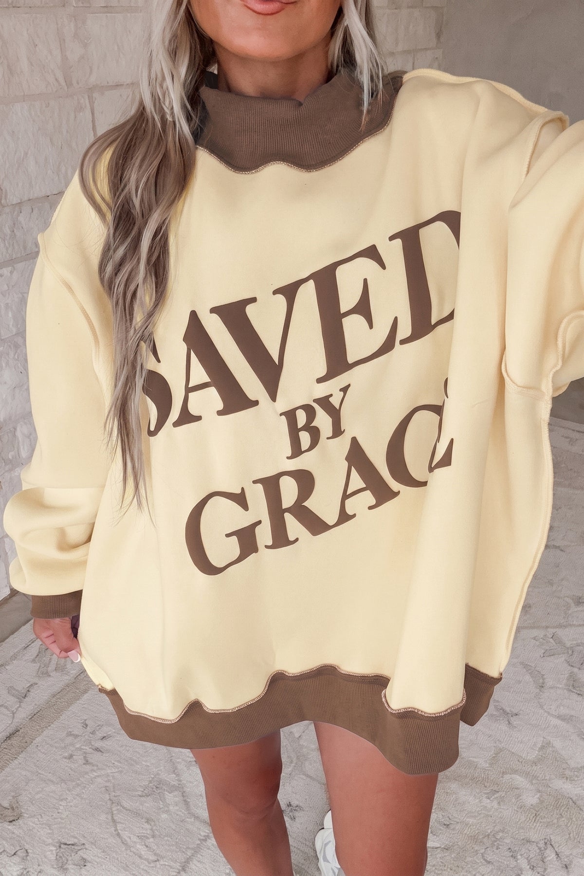 Coffee Saved By Grace Print Mock Neck Oversized Sweatshirt