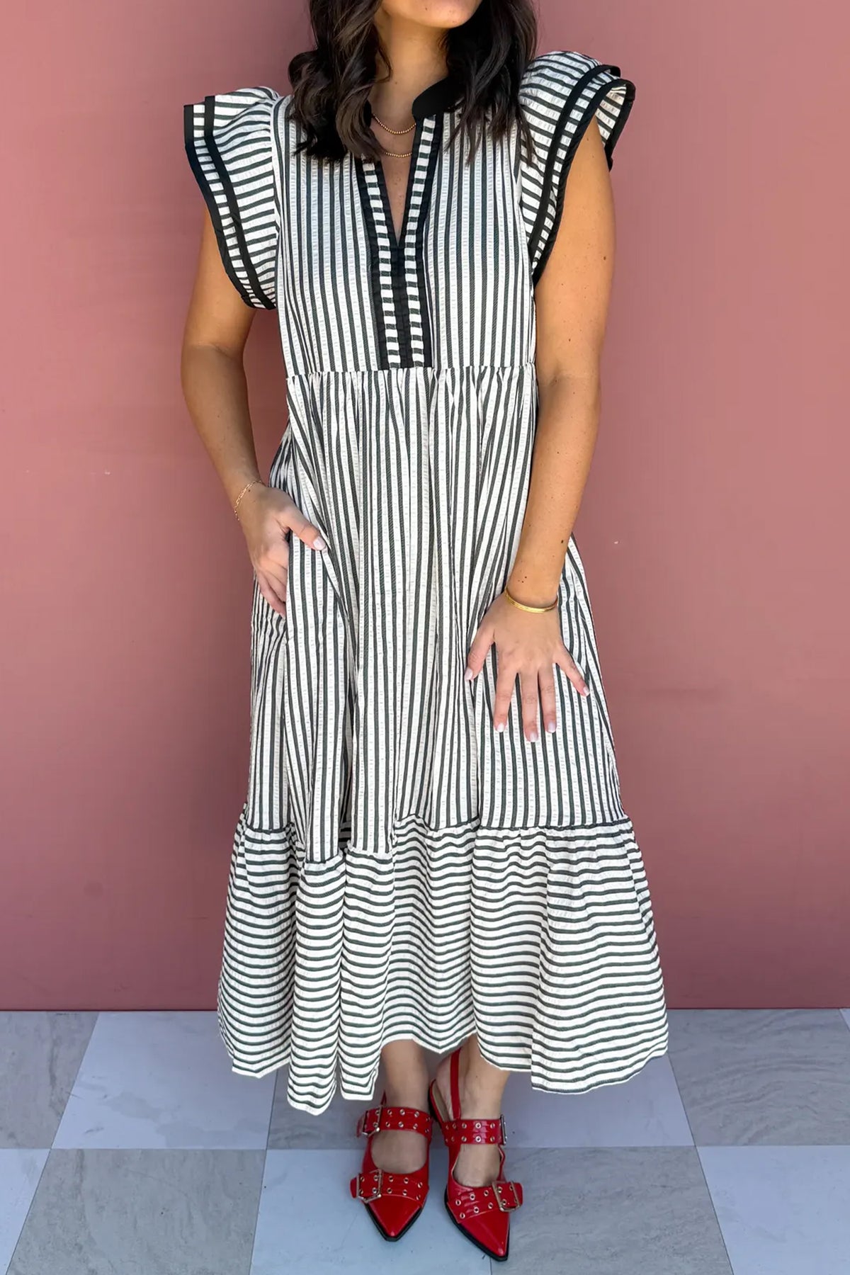 Brown Stripe Plus Size Slit V-Neck Tiered Flutter Sleeve Maxi Dress