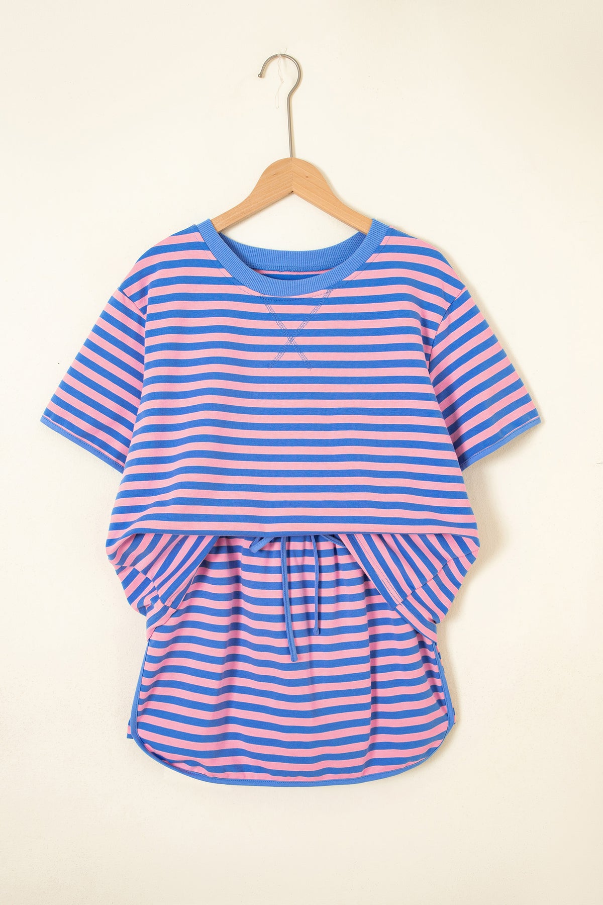 Women's Blue Stripe Relaxed Short-Sleeve Top Skort Two-Piece Set