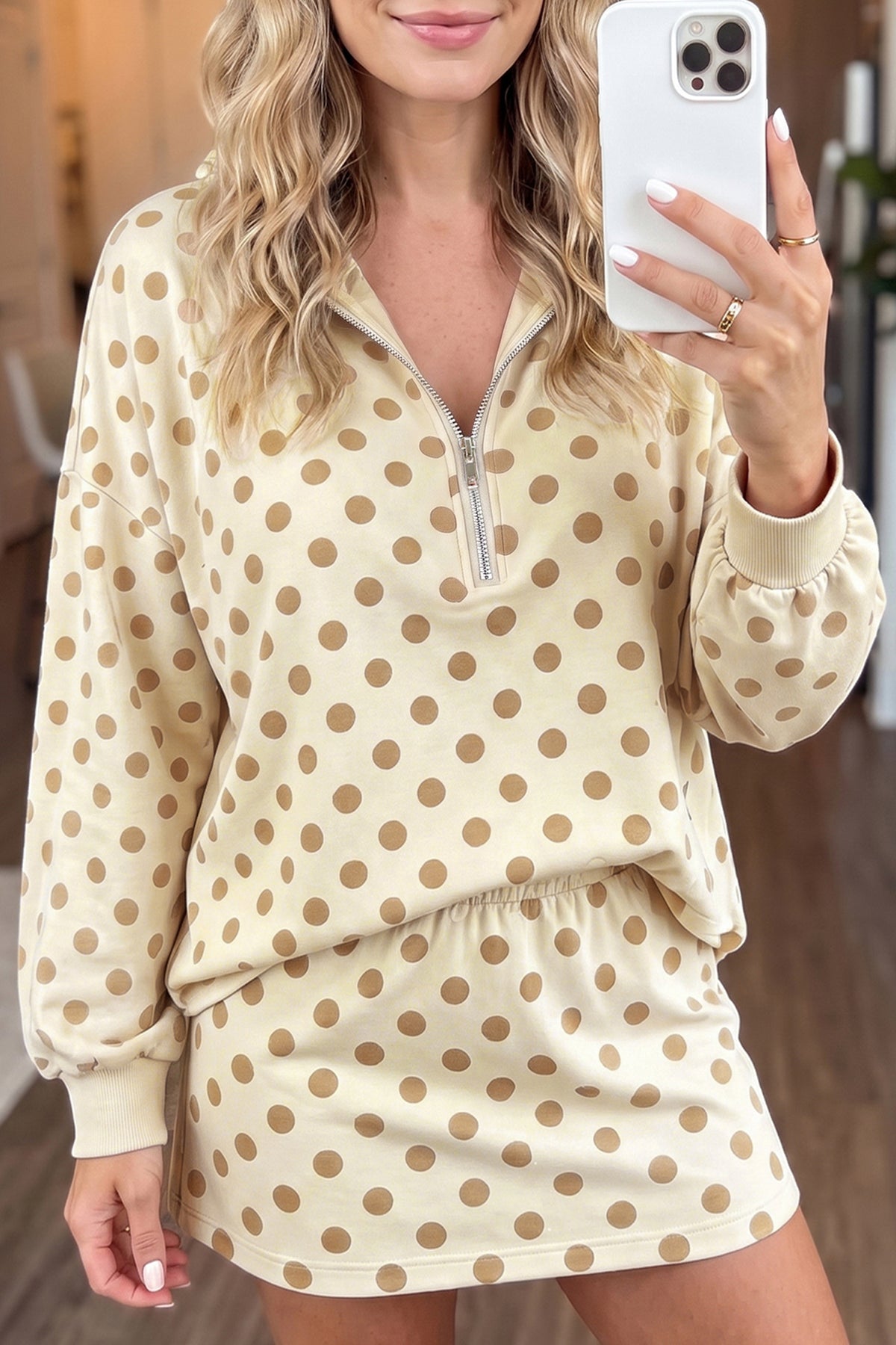 Women's Pink Polka Dot Hooded Long-Sleeve Top Casual Mini Skort Set