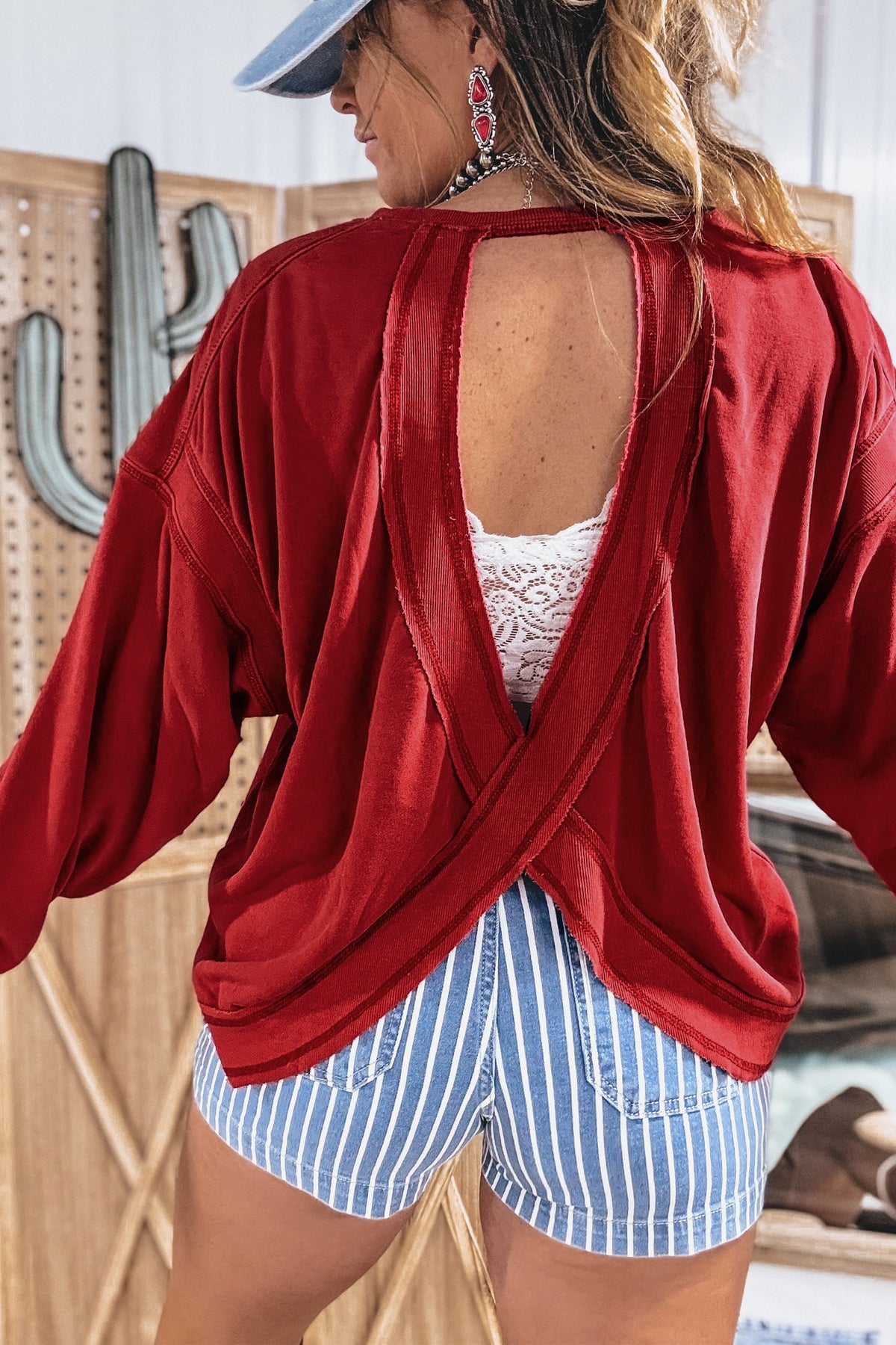 Racing Red Ribbed Cutout Back Sweatshirt