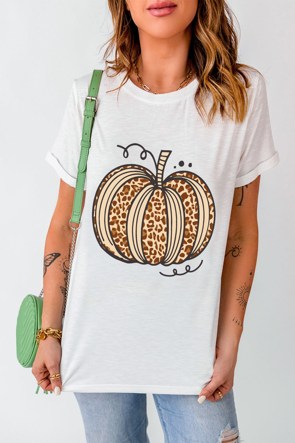 White Leopard Pumpkin Graphic Crewneck Halloween T-Shirt