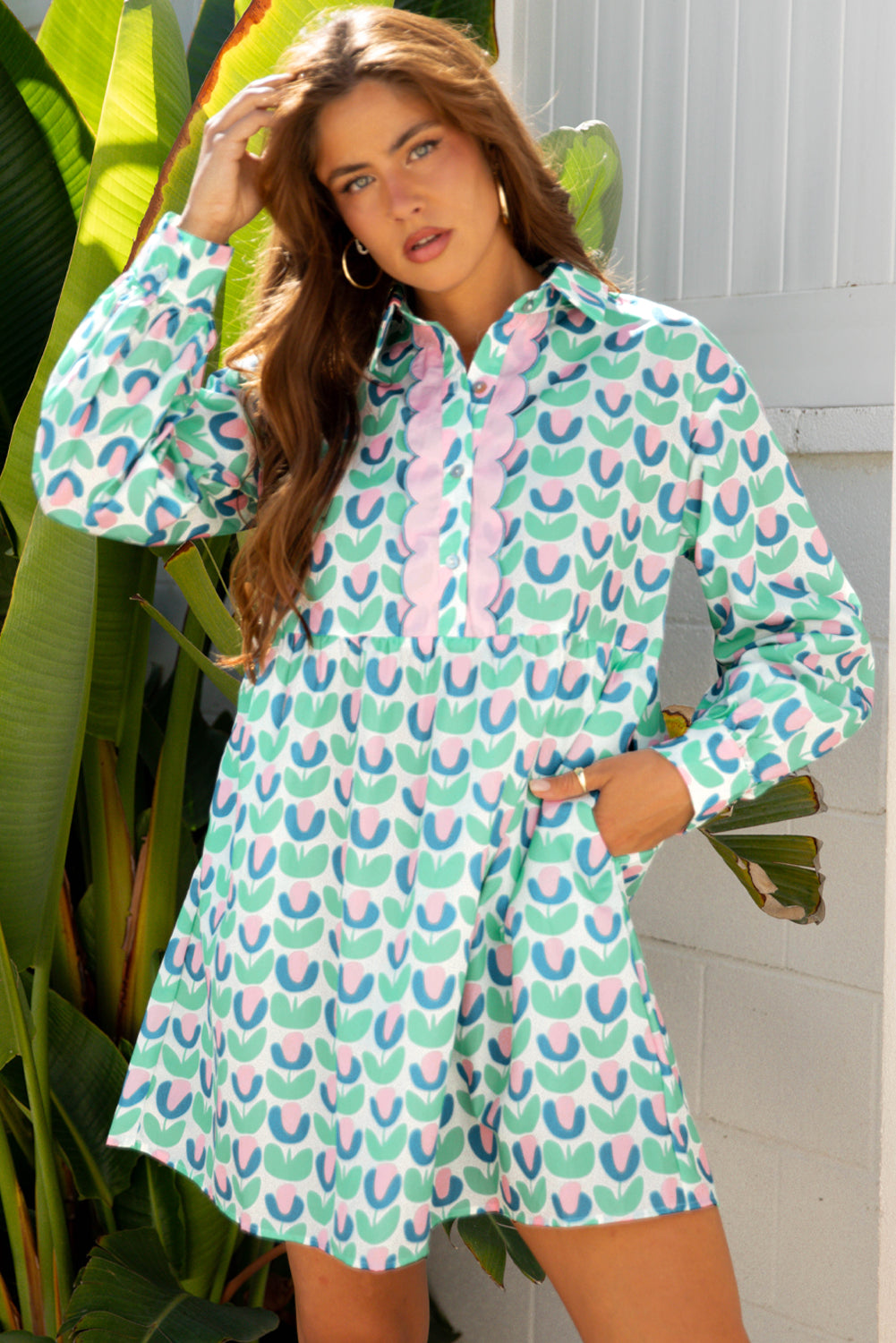 Green Floral Print Notched Neck Scalloped Long Sleeve Mini Dress