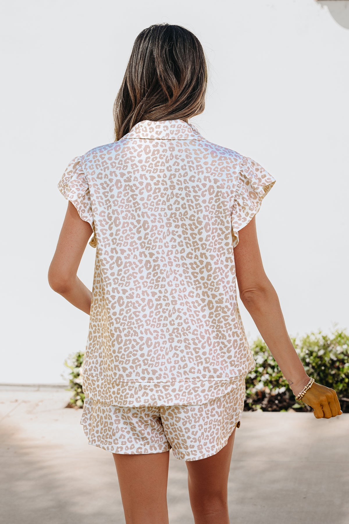Women's Beige Leopard Zip Polo Top Two-Piece Shorts Two-Piece Set
