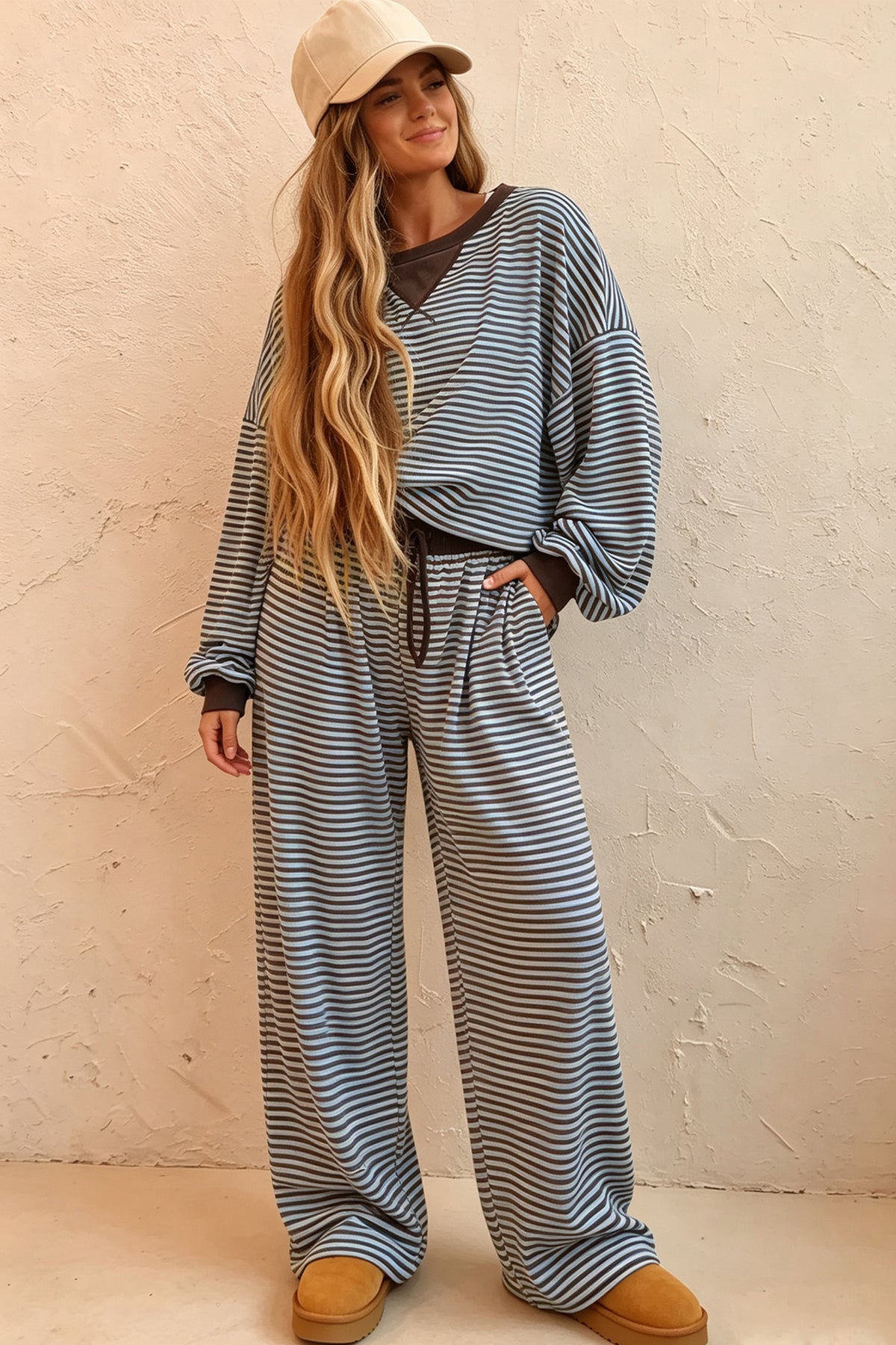 Women's Brown Stripe Drop Shoulder Top & Pants Two-Piece Set