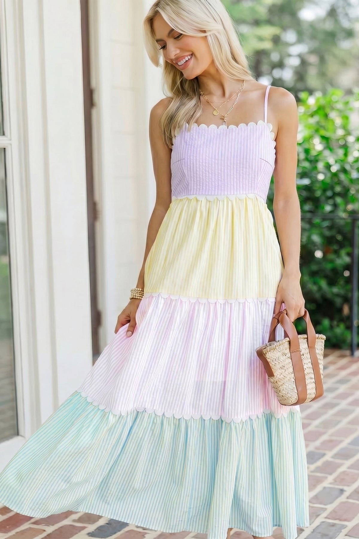 Multicolour Striped Colorblock Adjustable Strap Scalloped Long Dress