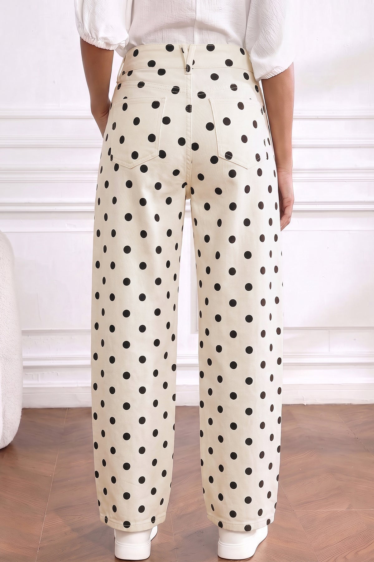 White Polka Dot Curved Ankle Denim Pants