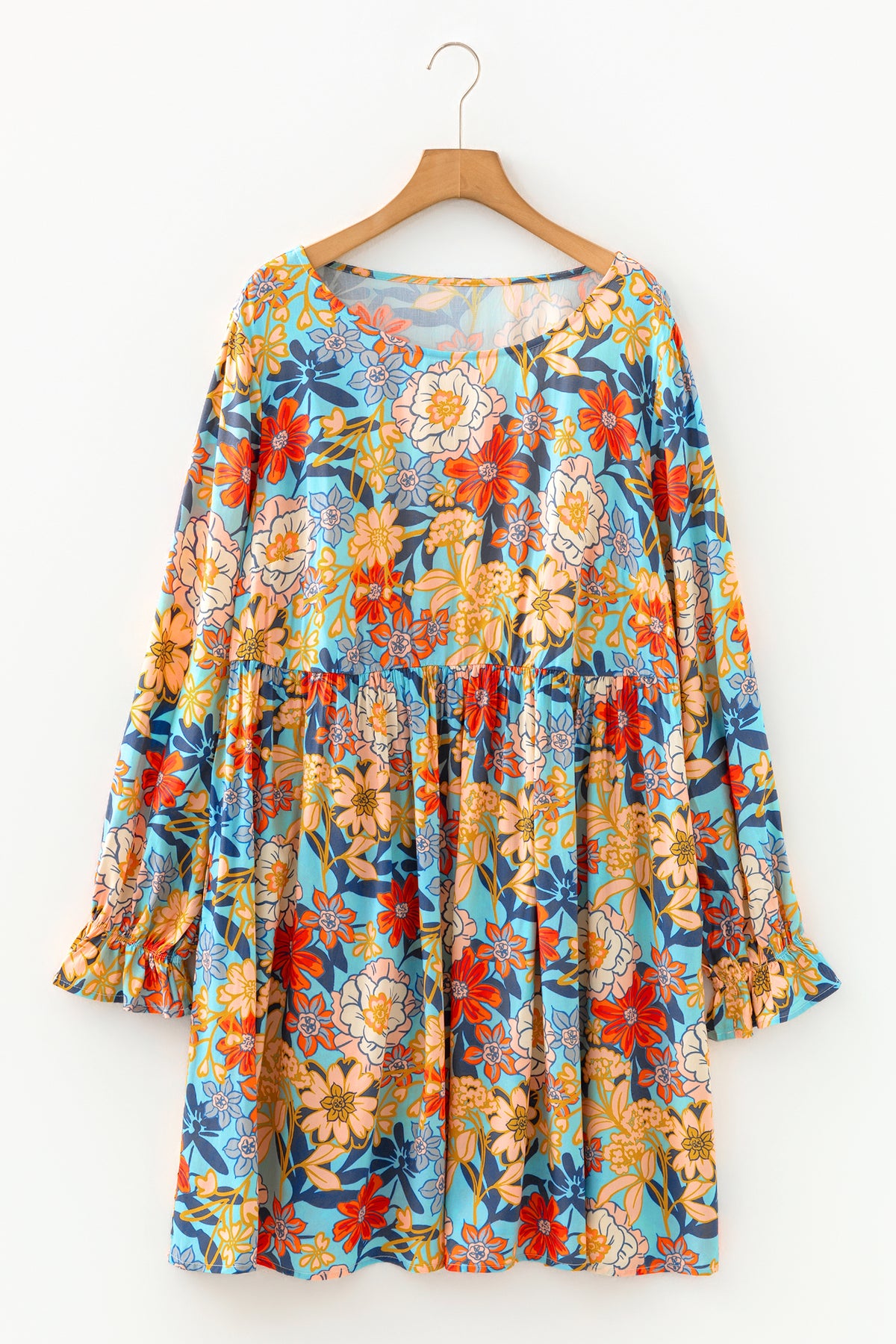 Blue Plus Size Floral Ruffled Long-Sleeve Flowy Mini Dress