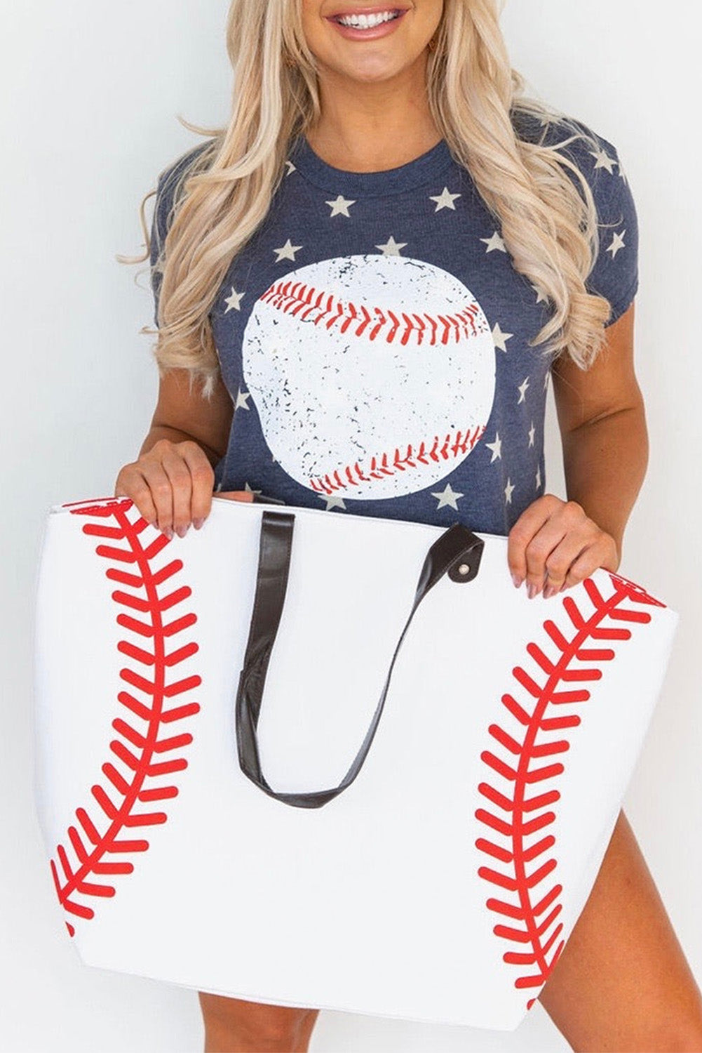 White Baseball Pattern Canvas Large Tote Bag