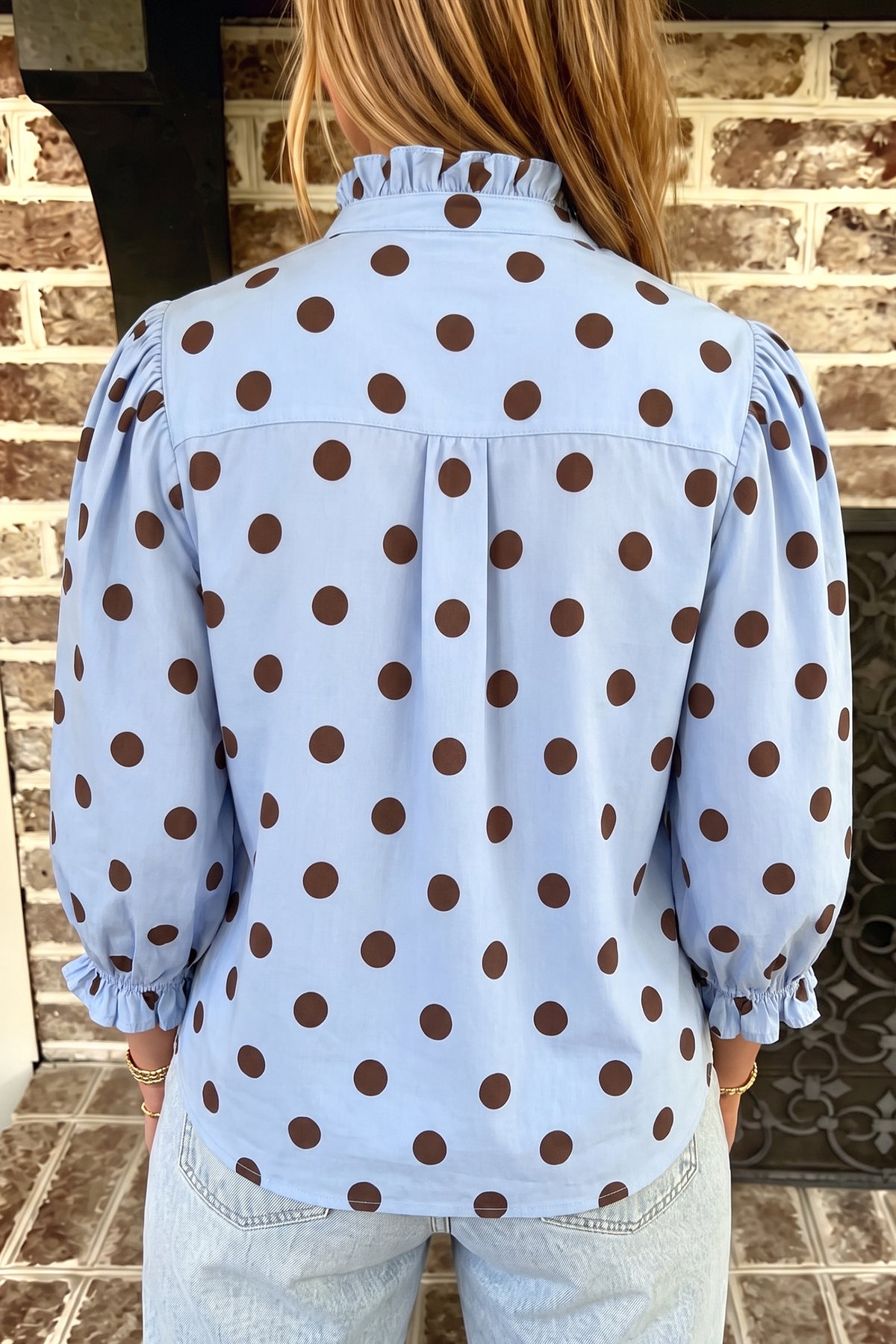 Fiery Red Polka Dot Striped Print Ruffle Stand Shirt