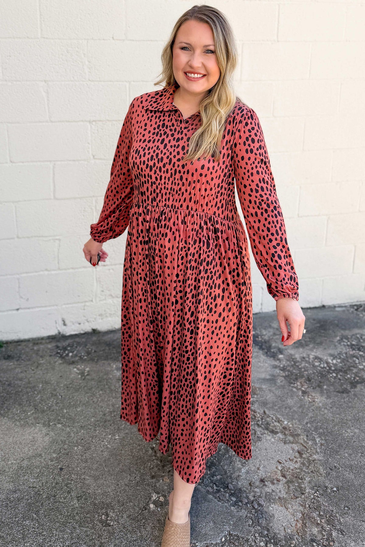 Red Leopard Print Long-Sleeve V-Neck Plus Size Midi Dress