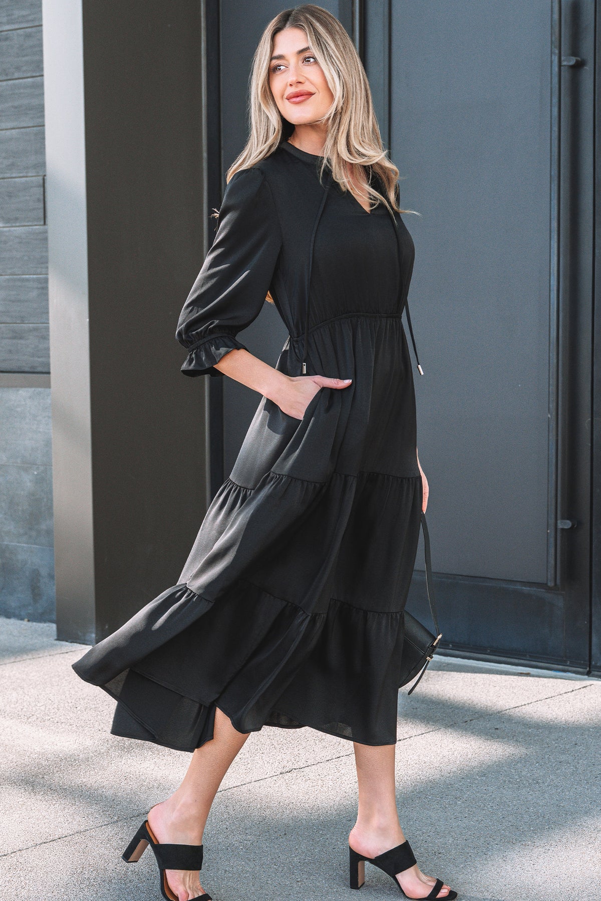 Black Flounced Bracelet Sleeve V Neck Tiered Maxi Dress