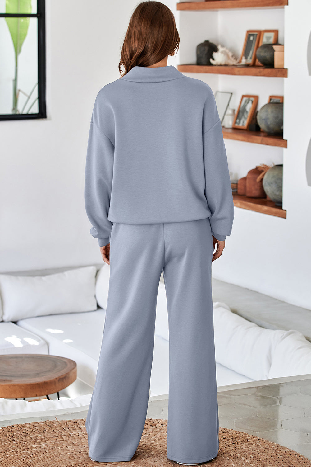 Women's Dusk Blue Cowl Neck Drawstring Pullover Wide-Leg Athleisure Pants Set