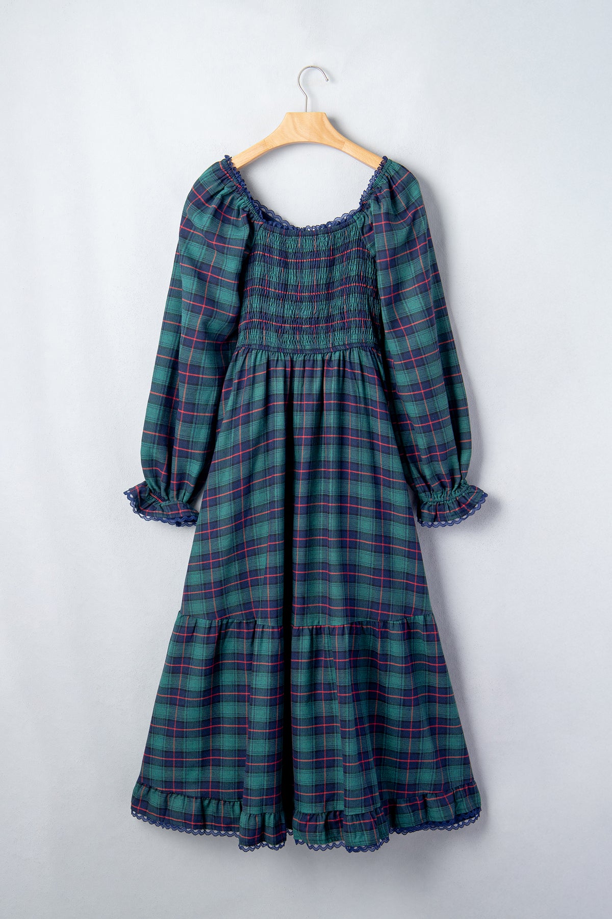 Green Plaid Lace Square-Neck Maxi Dress