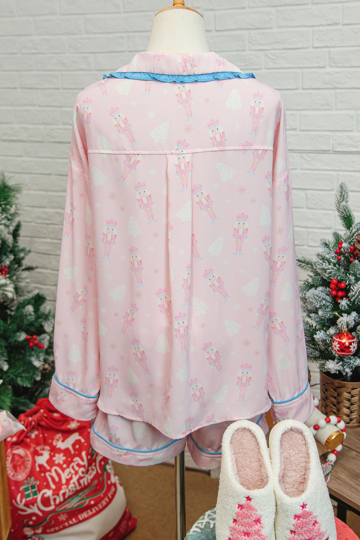 Pink Nutcracker Bow Tie Front Long Sleeve Shirt and Shorts Pajama Set