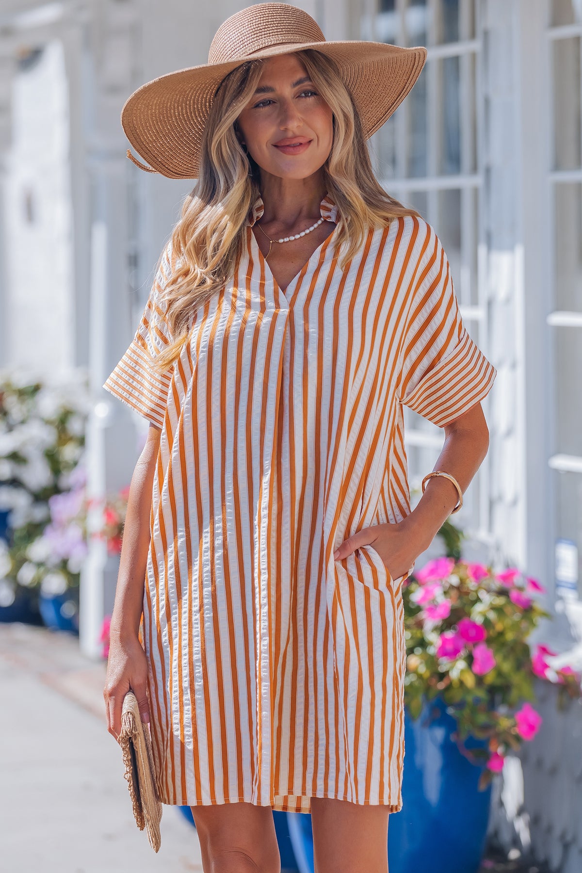 Brown Stripe V-Neck Mini Dress