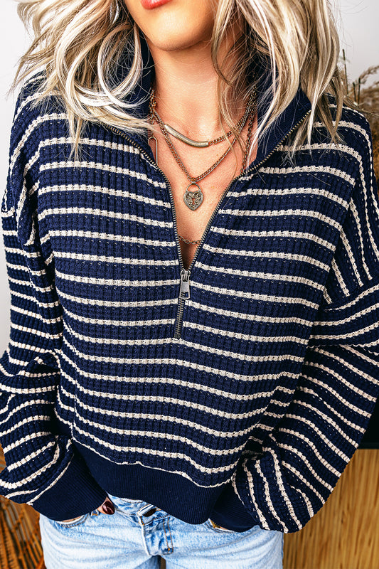 Blue Stripe Textured Knit Half Zip Collared Top