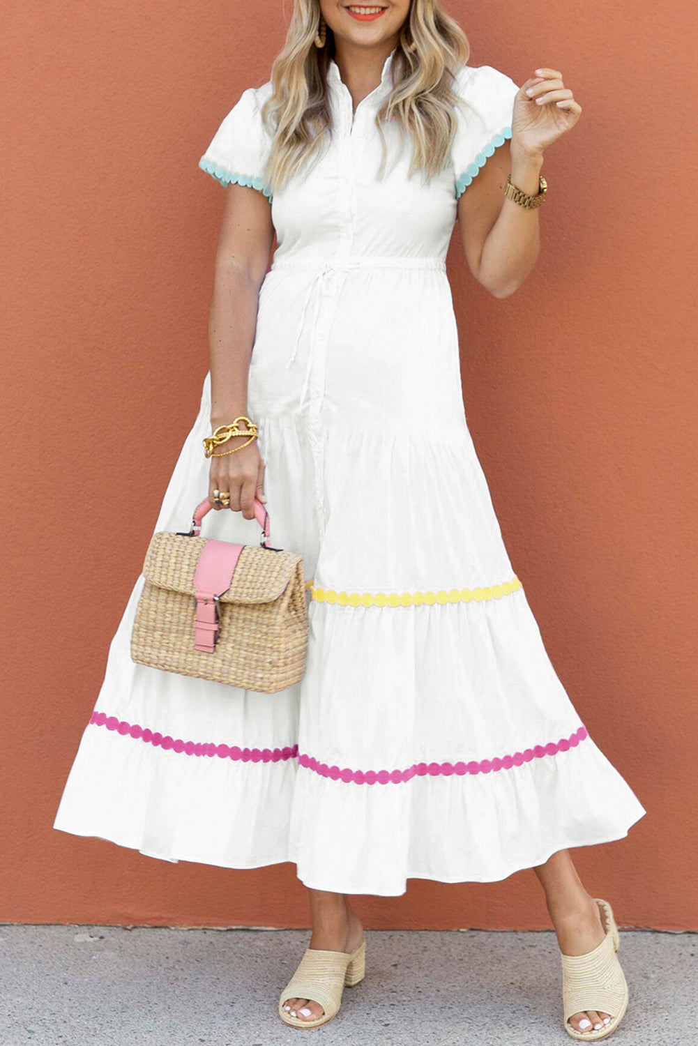 White Colorblock Rickrack Short Sleeve Drawstring Waist Long Dress