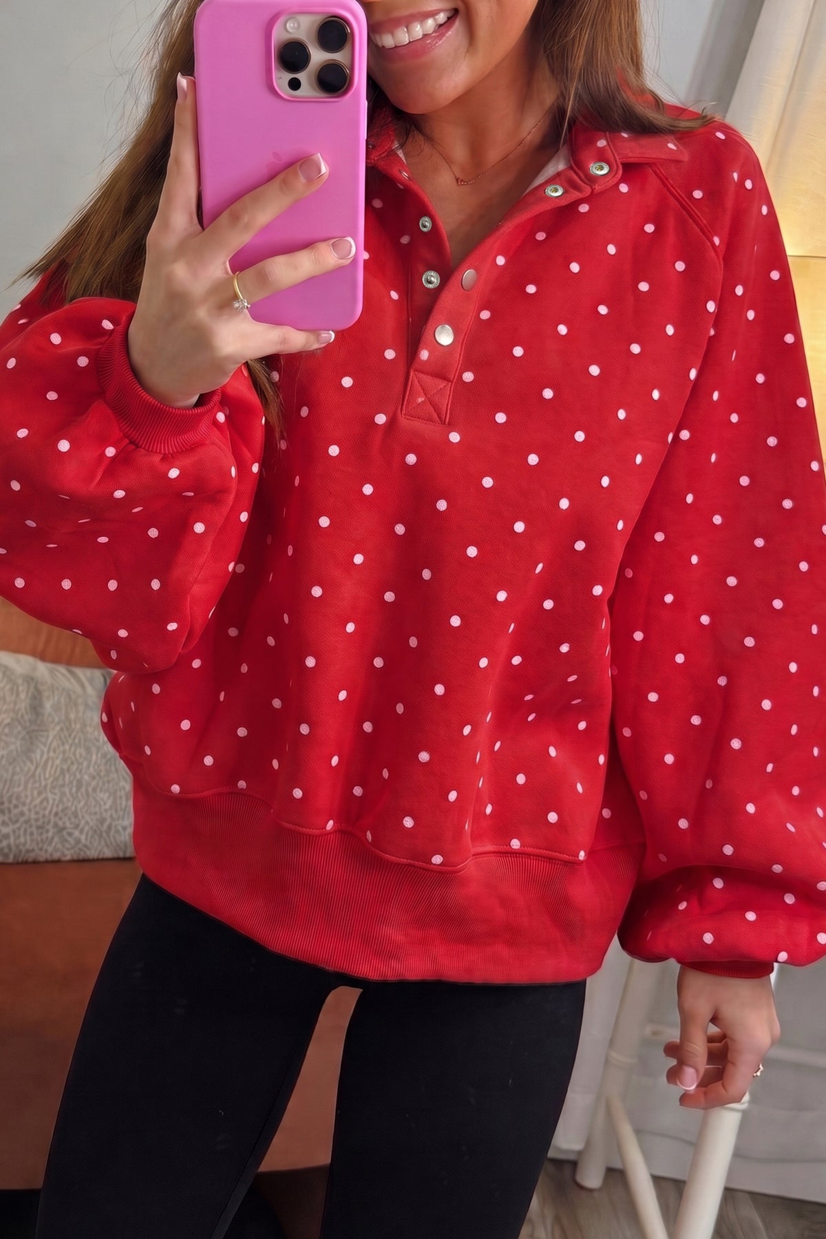 Black Polka Dot Print Metal Button Collar Sweatshirt