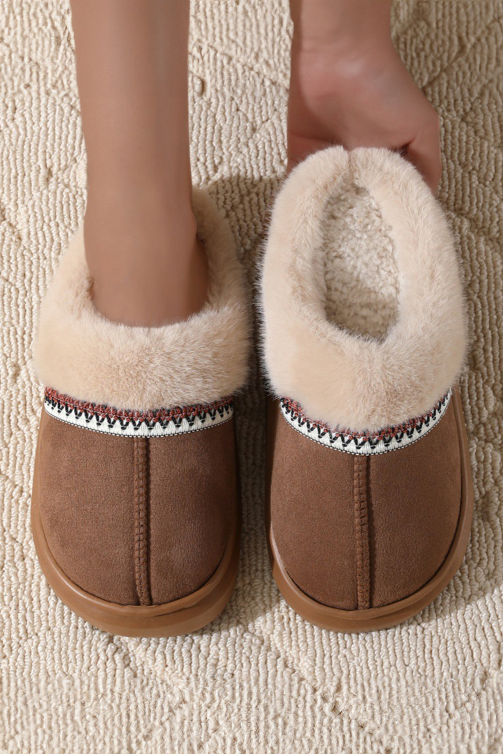 Coffee Western Woven Faux Suede Furry Home Slippers