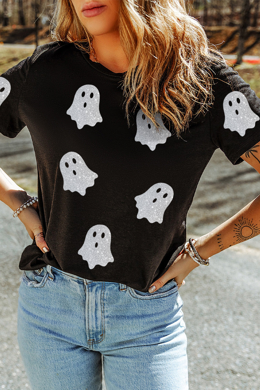 Black Glitter Ghost Pattern Crew Neck Halloween T-Shirt