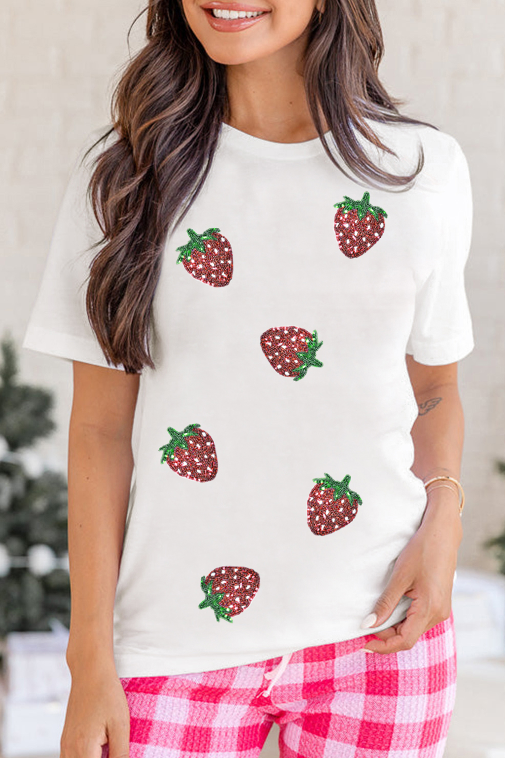 White Sequin Strawberry Patched Crew Neck T-Shirt