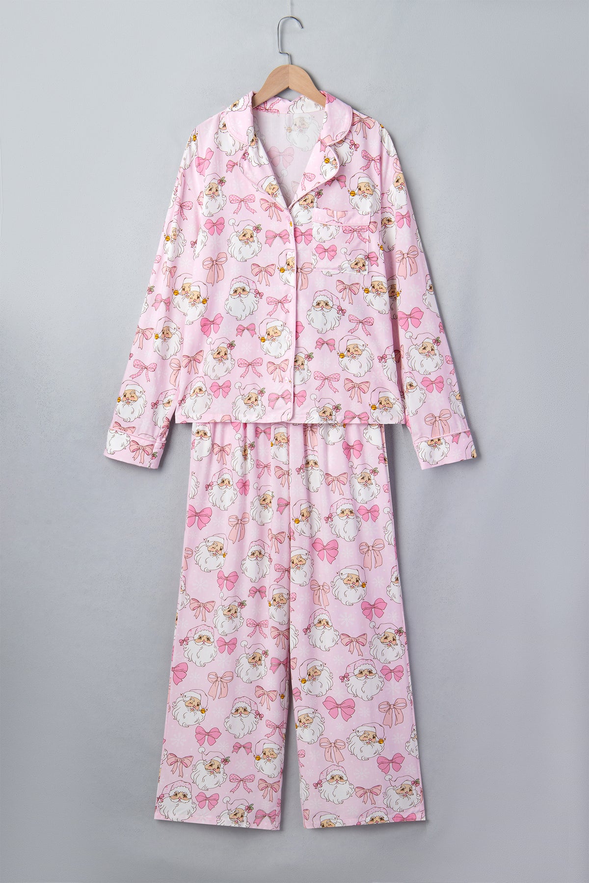 Pink Abstract Santa Print Long Sleeve Full-Length Lounge Set