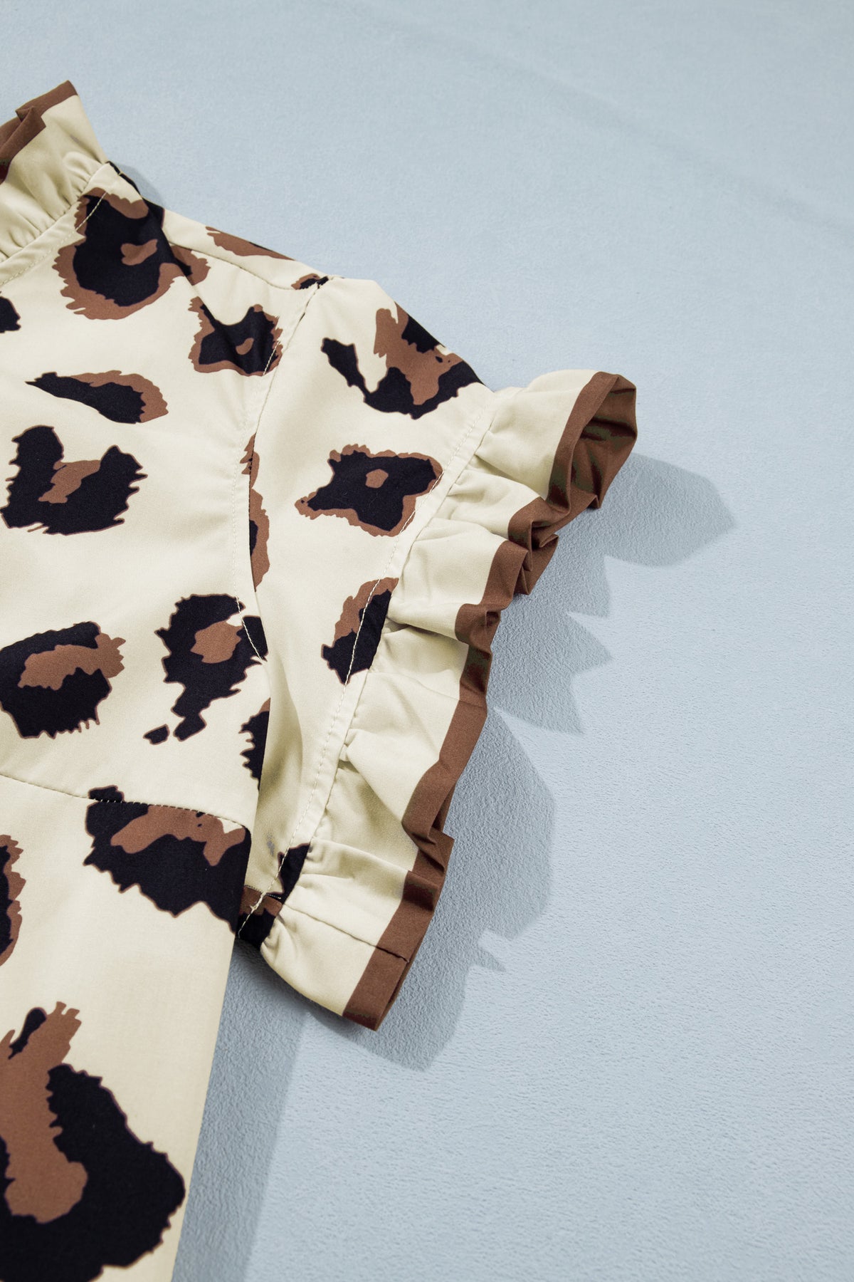 Khaki Plus Size Leopard Print Frilled Color-Block Trim Button Down Short-Sleeve Blouse