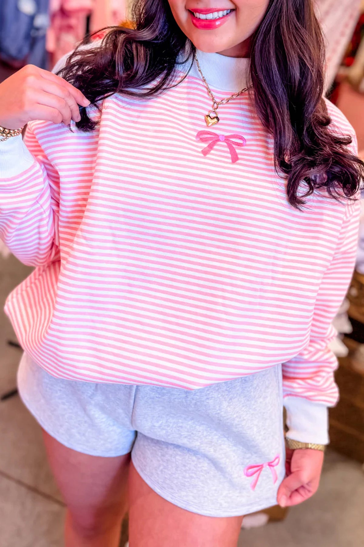 Pink Stripe Embroidered Bow High Neck Sweatshirt