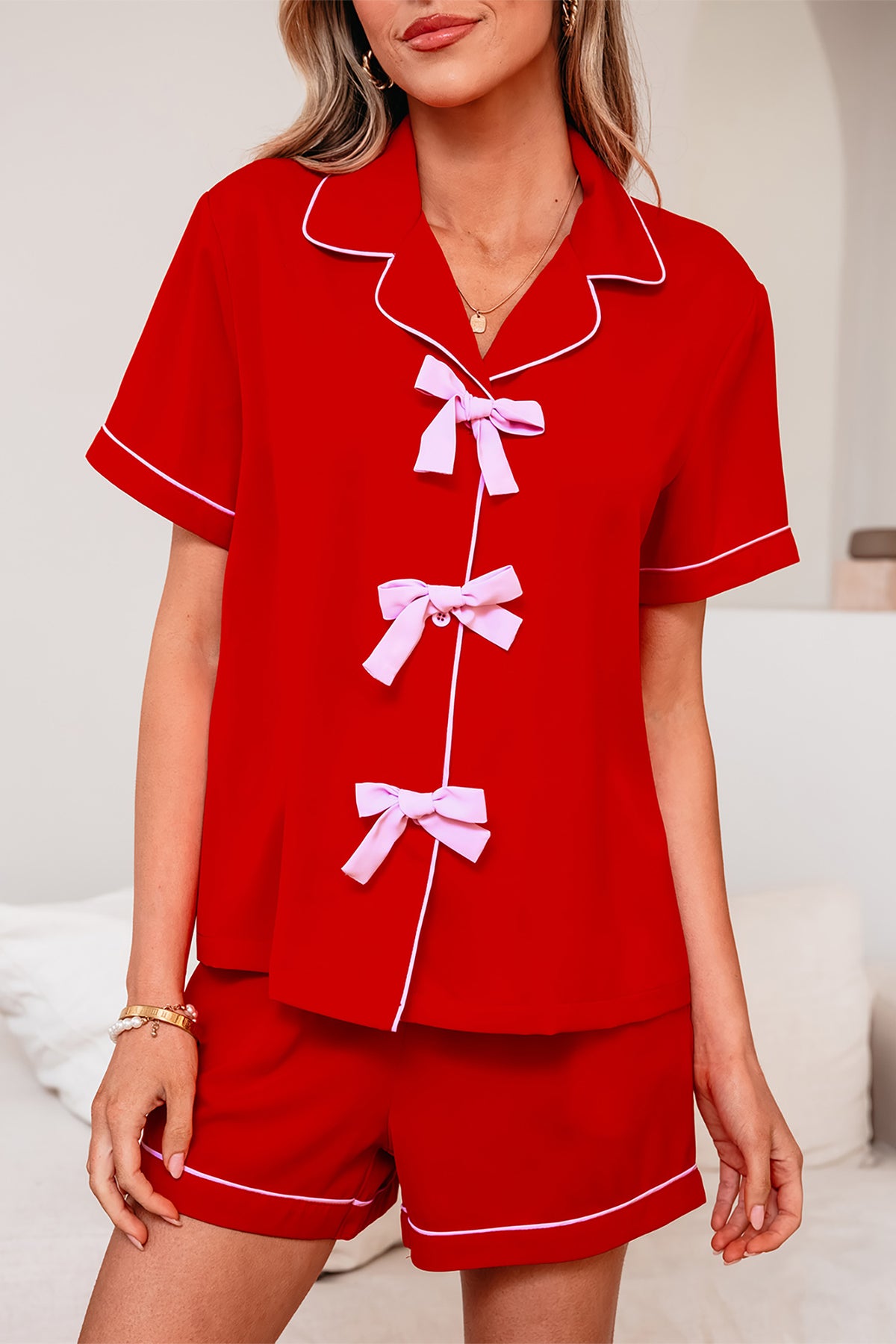 Fiery Red Contrast Trim Ribbon Bow Short Silky Pajama Set