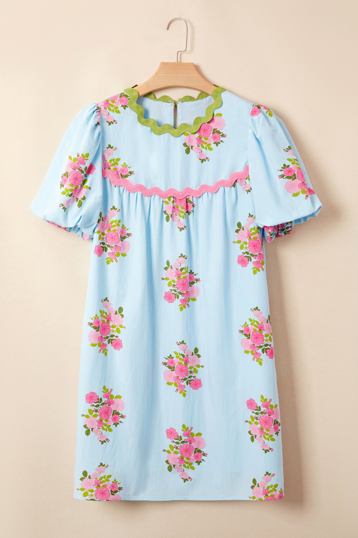 Sky Blue Floral Contrast Ricrac Detail Bubble Sleeve Dress