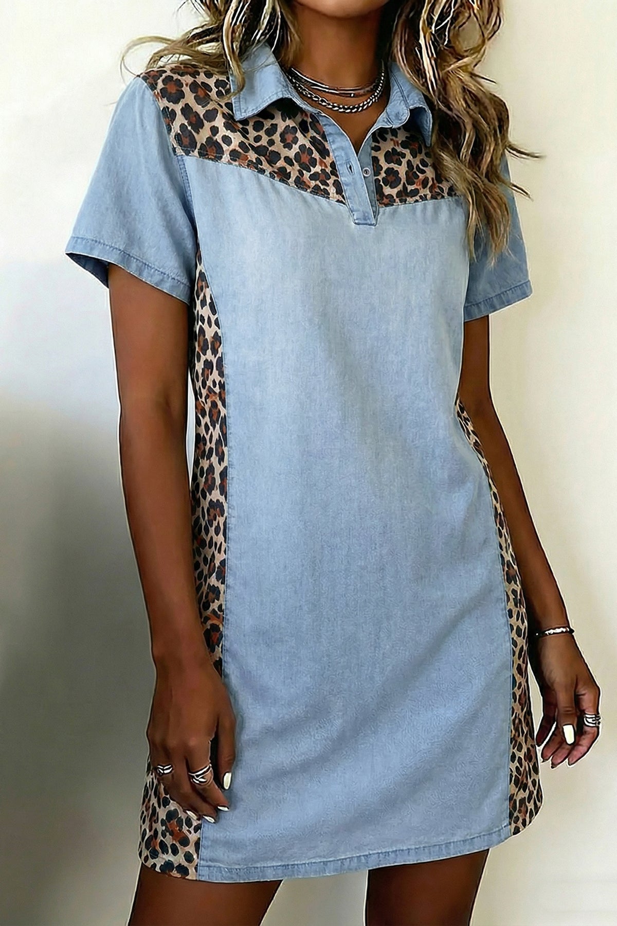 Myosotis Denim Color Block Leopard Patchwork T Shirt Mini Dress