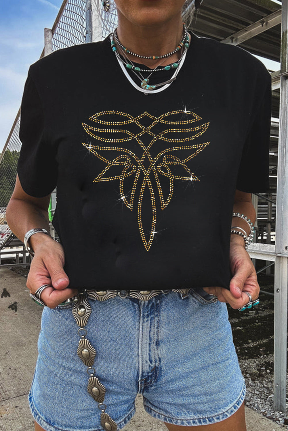 Black Rhinestone Western Pattern Cotton Blend Graphic T-Shirt