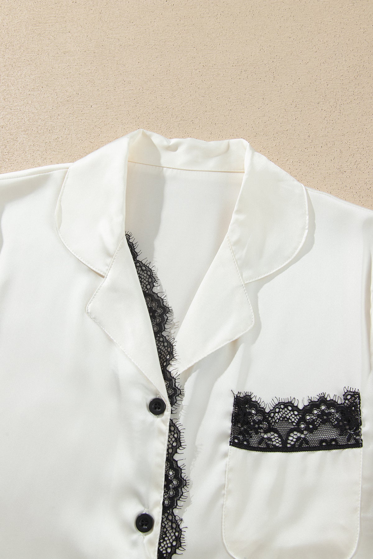 White Long Sleeve Lace Trim Button Front Pajama Set