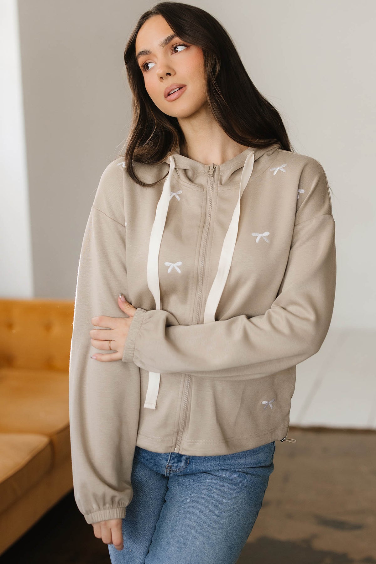 Goat Contrast Bow Embroidered Zip Up Jacket Hoodie