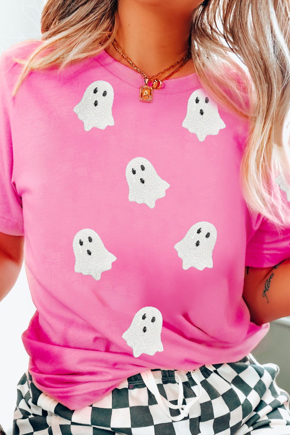 Black Sequin Halloween Ghost Patched Casual T-Shirt