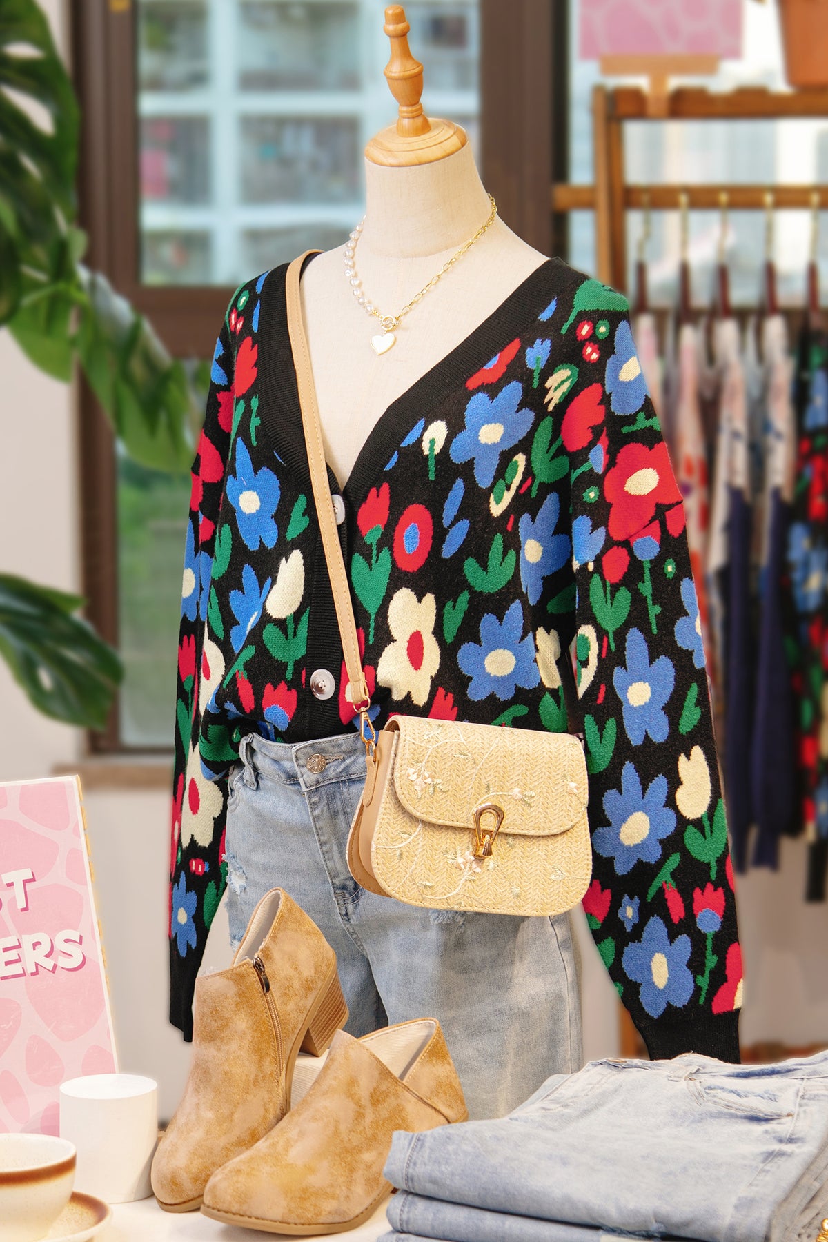 Black Floral Print V Neck Buttoned Short Cardigan Sweater