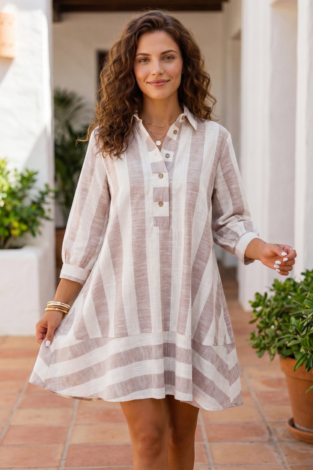 Khaki Stripe Button Up Three Quarter Sleeve Short Shift Dress