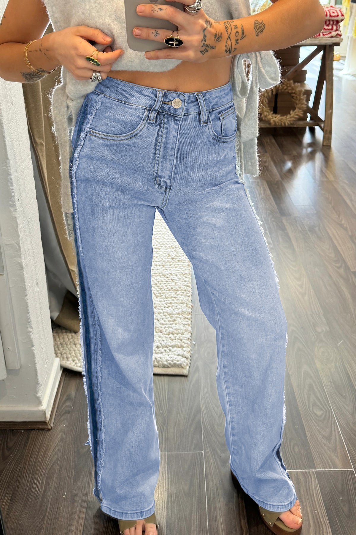 Beau Blue Contrast Stripe Frayed Side Panel Patchwork Shift Jeans