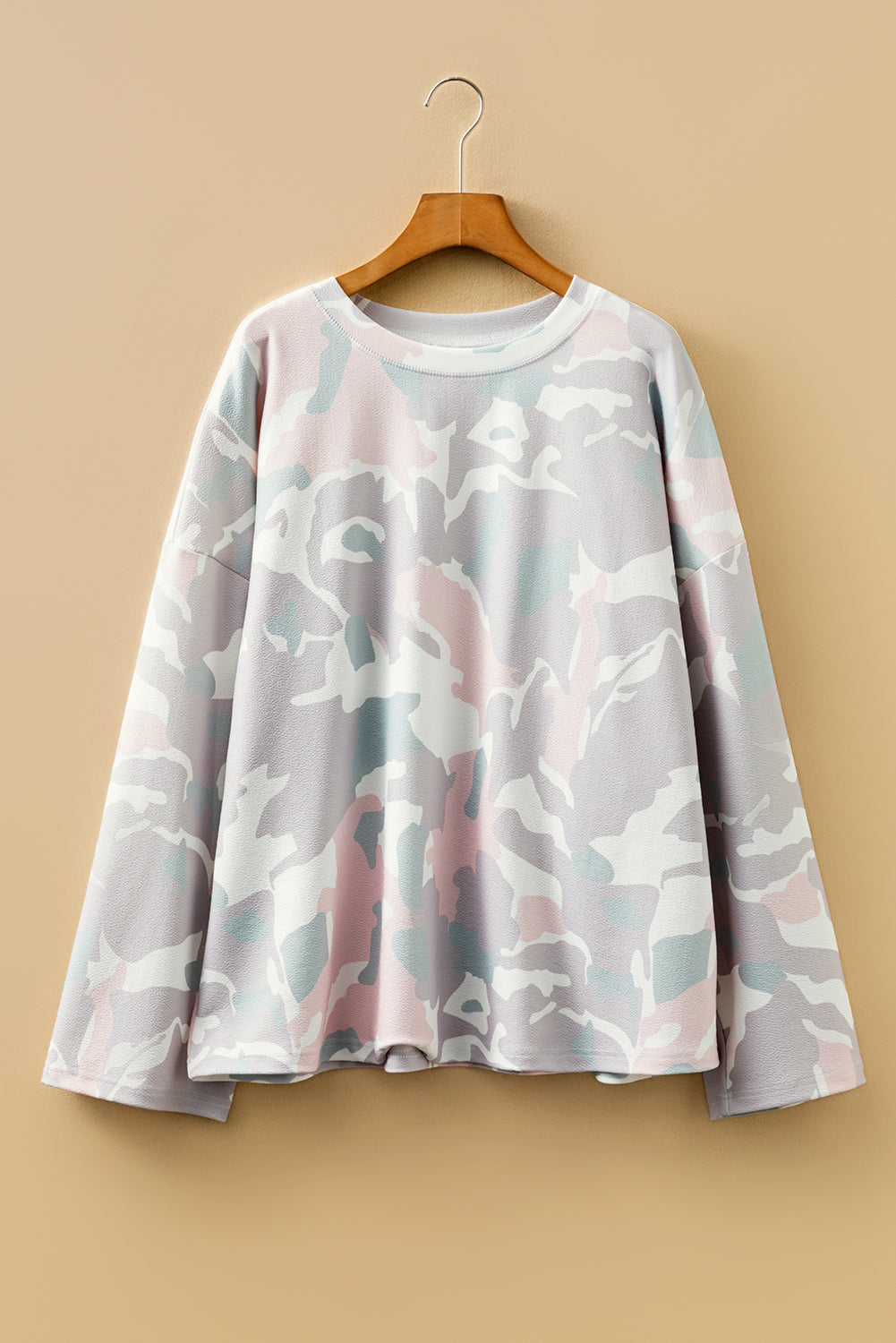 Green Plus Size Camouflage Print Drop-Shoulder Loose Pullover Top