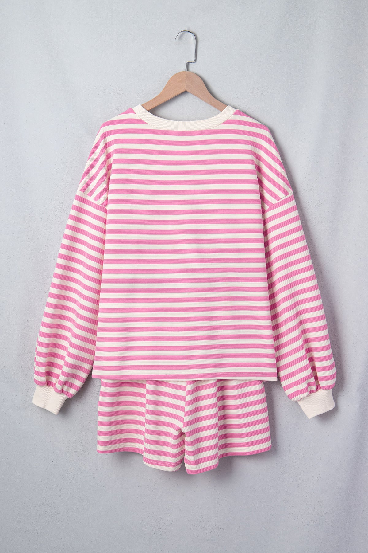 Women's Pink Striped Long-Sleeve Crewneck Drawstring Waist Shorts Set